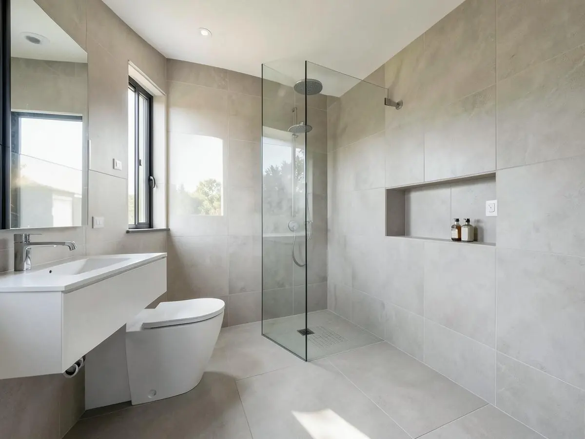 Finished bathroom with large-format wall and floor tiles and a tiled shower niche