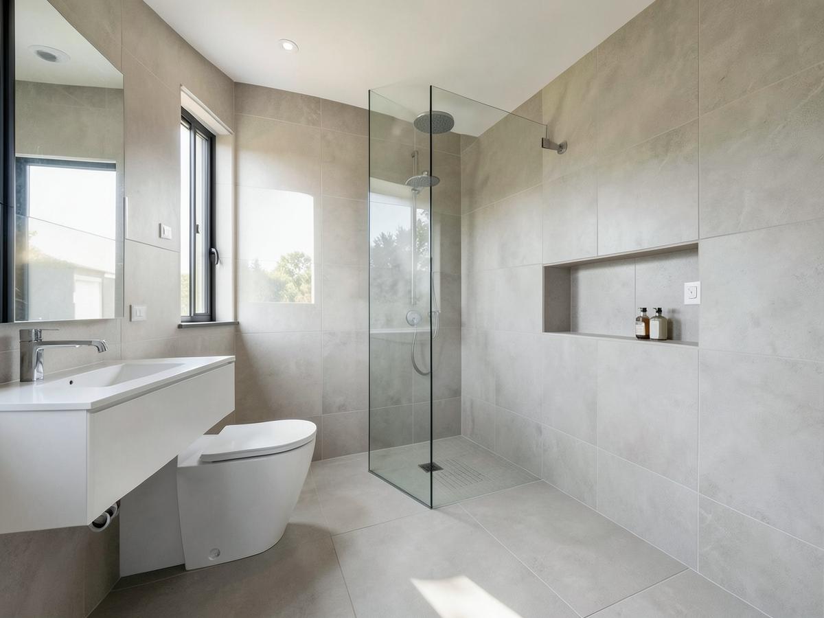 Finished bathroom with large-format wall and floor tiles and a tiled shower niche