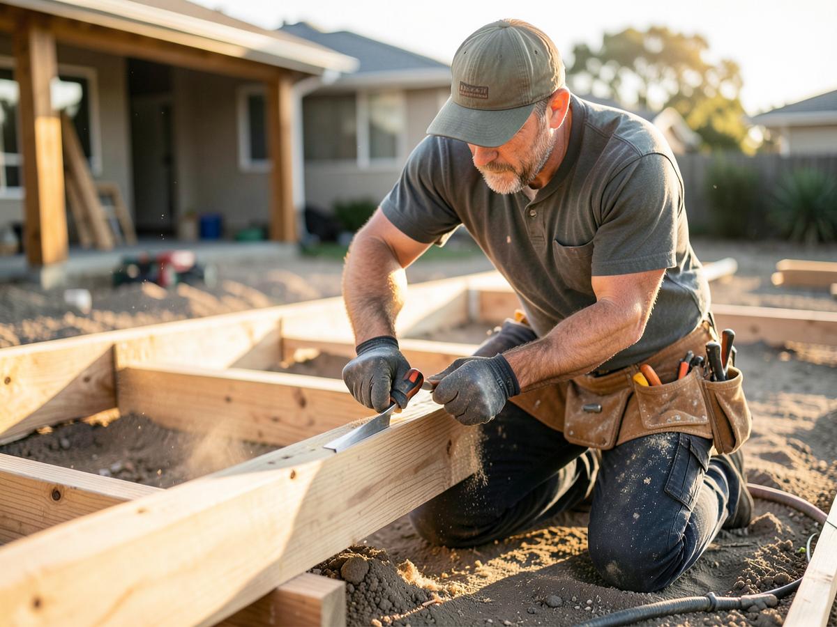 Carpenter cutting timber on a residential deck build