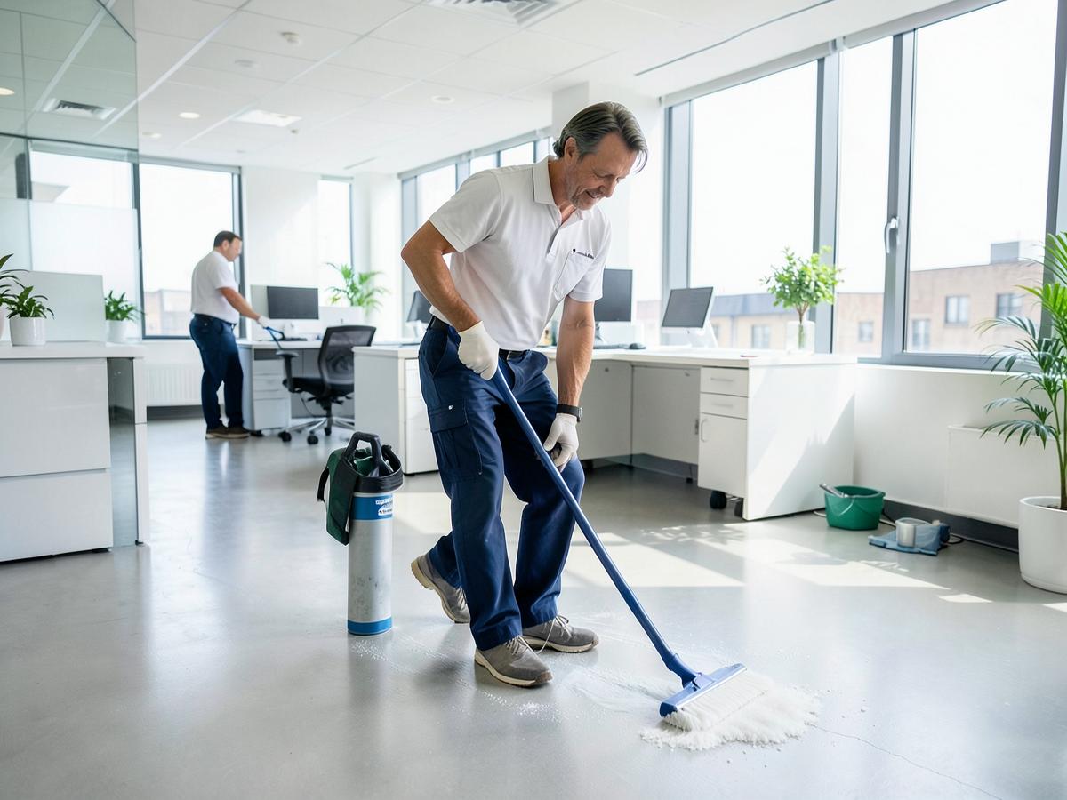 Commercial cleaner mopping the floor of a modern Australian office