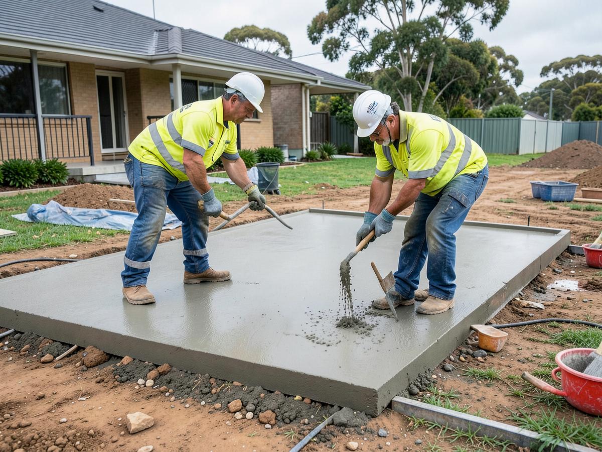 Australian concreters screeding a freshly poured residential concrete slab