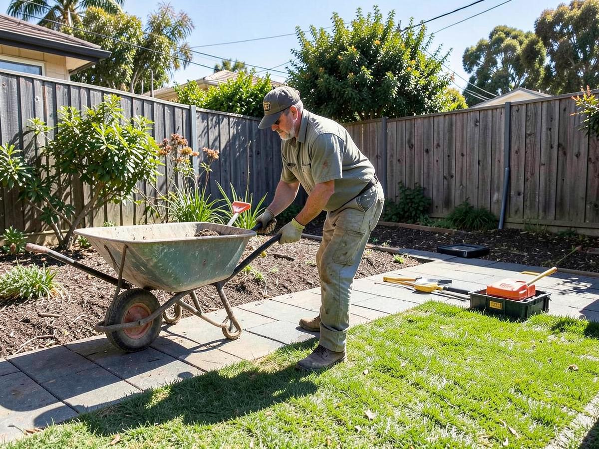 Australian landscaper laying paving and turf in a suburban backyard