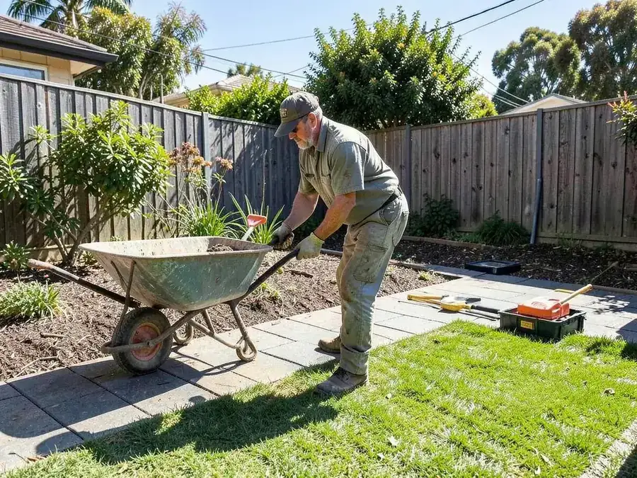 Australian landscaper laying paving and turf in a suburban backyard
