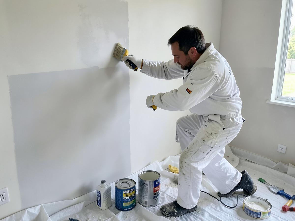 Painter in white workwear cutting in a clean edge on an interior wall of an Australian home
