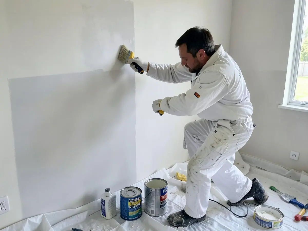 Painter in white workwear cutting in a clean edge on an interior wall of an Australian home