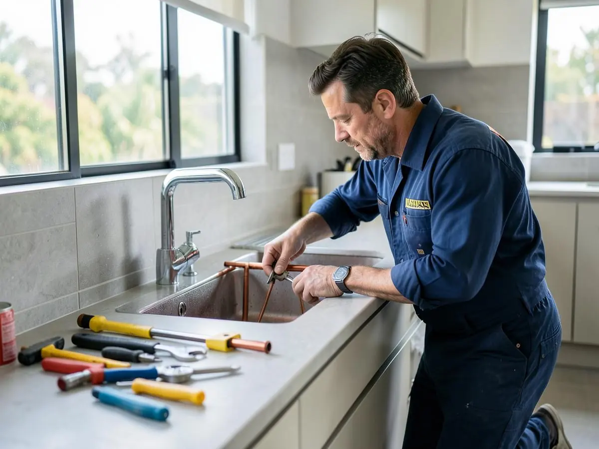 Plumber fitting copper pipework under a kitchen sink