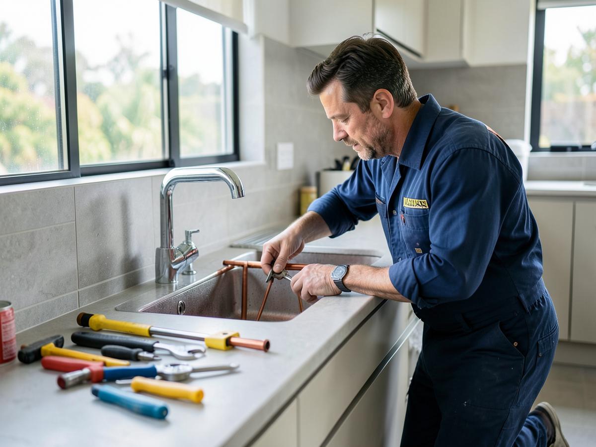 Plumber fitting copper pipework under a kitchen sink