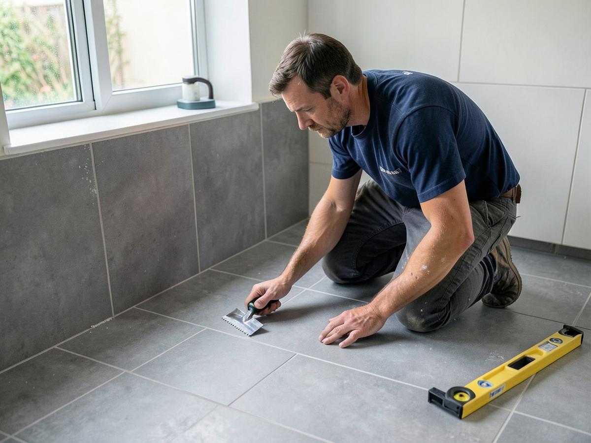 Tiler laying large-format floor tiles with a notched trowel in an Australian bathroom