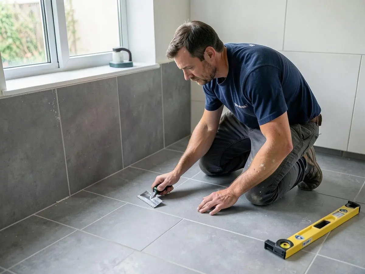 Tiler laying large-format floor tiles with a notched trowel in an Australian bathroom