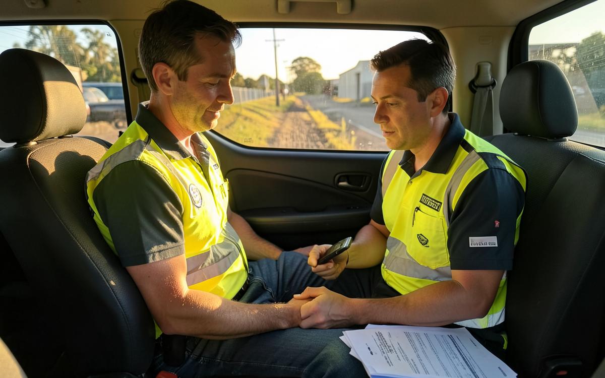 Two Australian tradespeople checking enquiries on a phone in a work ute