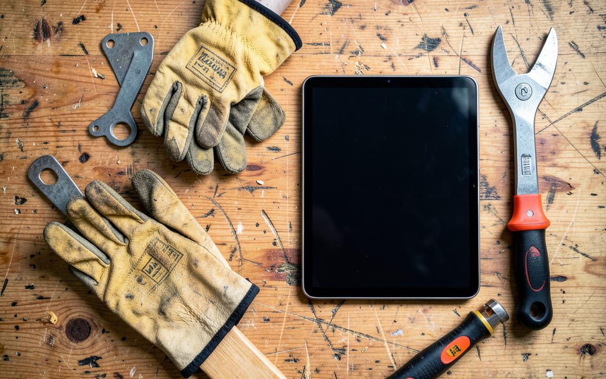 Tradie hand tools, gloves and a tablet laid out on a timber workbench