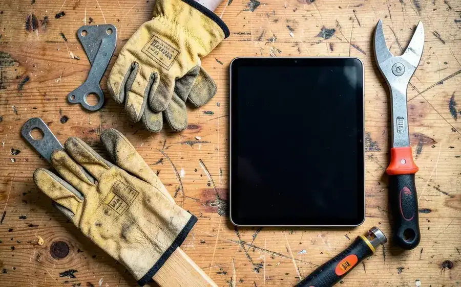 Tradie hand tools, gloves and a tablet laid out on a timber workbench