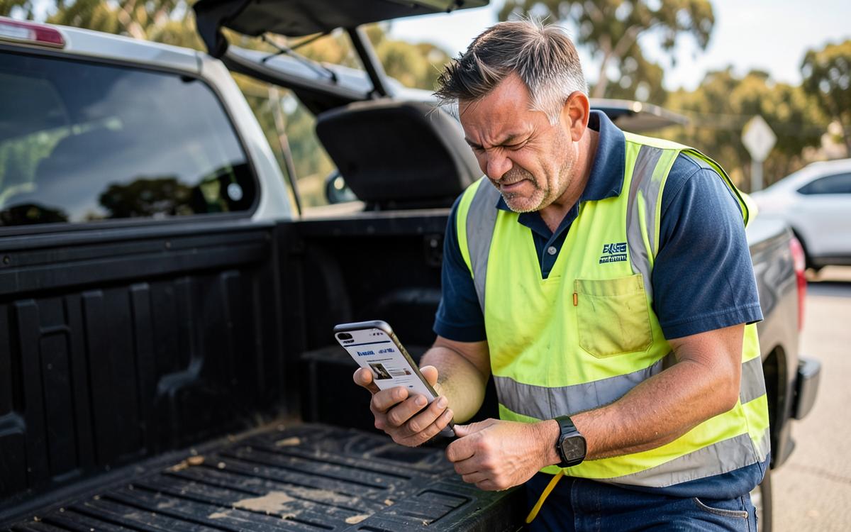 Tradesperson frustrated by a slow website loading on a phone at a job site