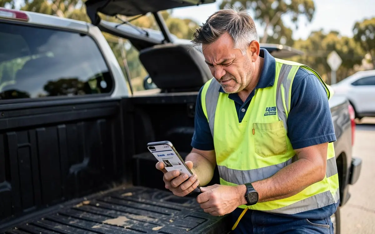 Tradesperson frustrated by a slow website loading on a phone at a job site