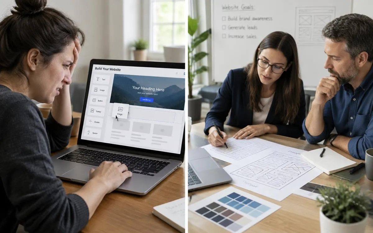 A frustrated person using a DIY website builder beside a web designer planning a layout with a client