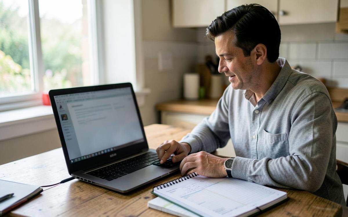 Small business owner planning a website budget at a kitchen table with a laptop and notepad