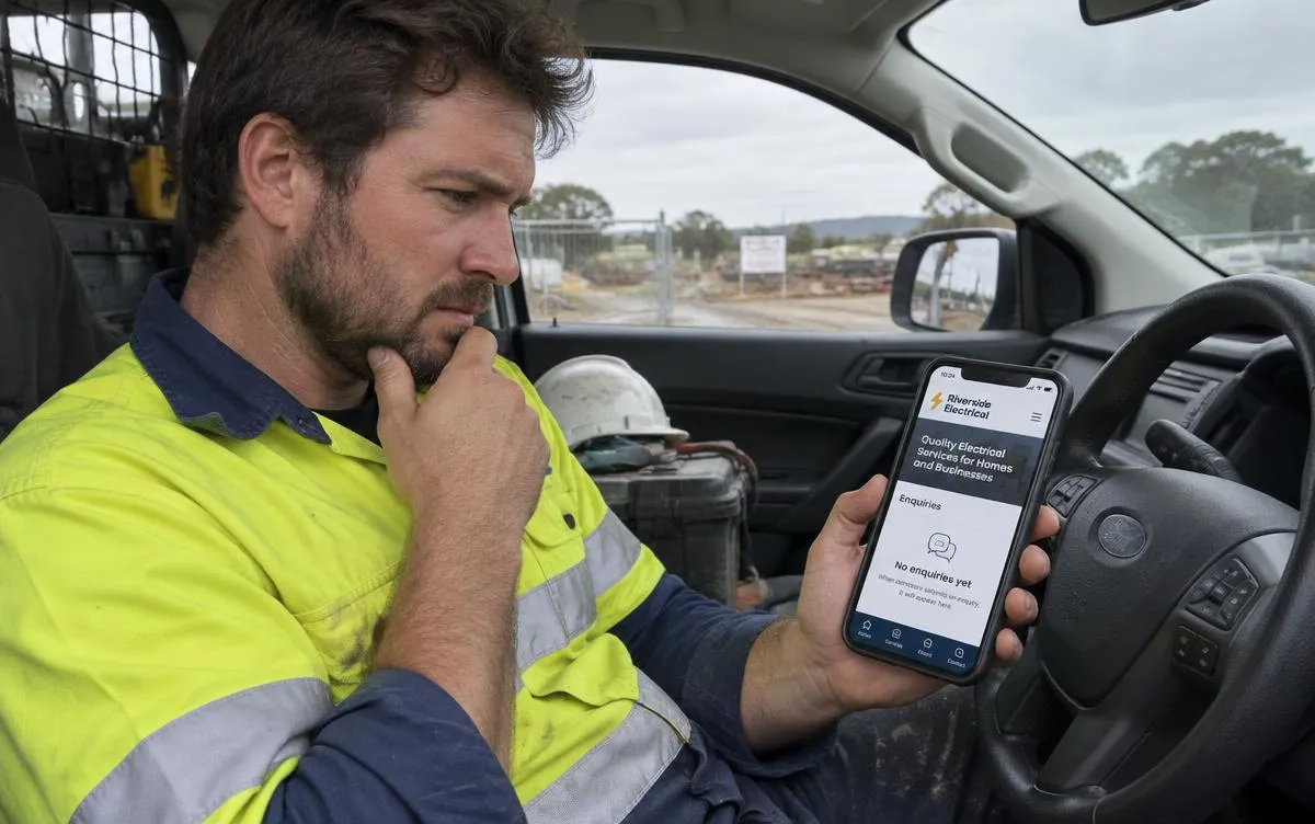 Tradesperson in his ute looking puzzled at his business website showing no enquiries on a phone