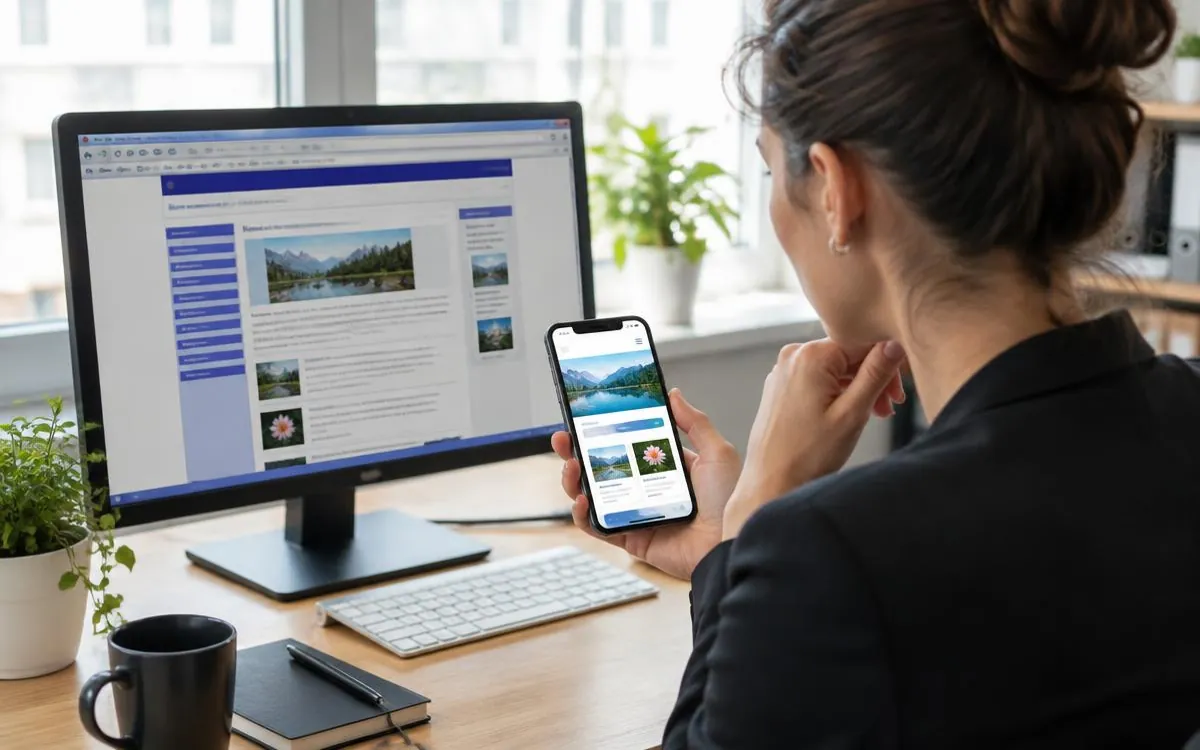 Business owner comparing an outdated website on a monitor with a modern website on a phone