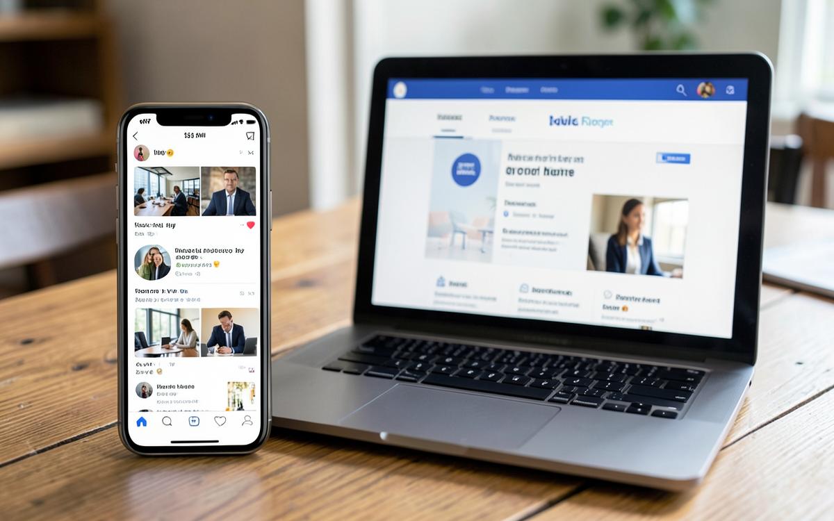 Phone showing a social media page beside a laptop showing a business website