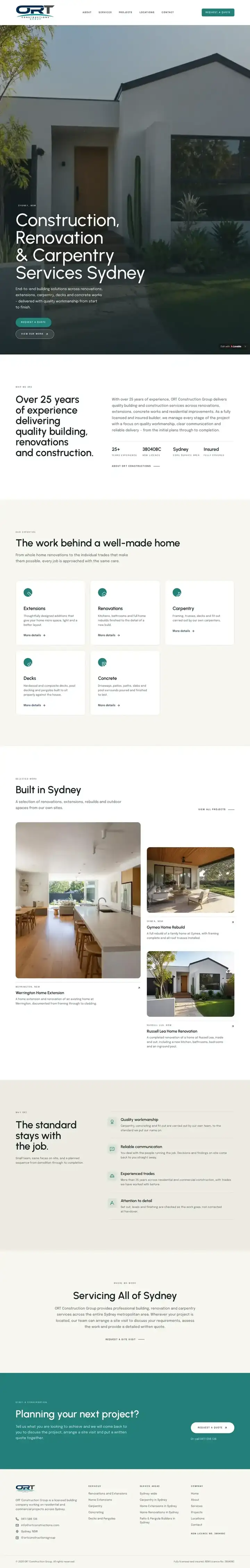 Full homepage of the ORT Constructions website