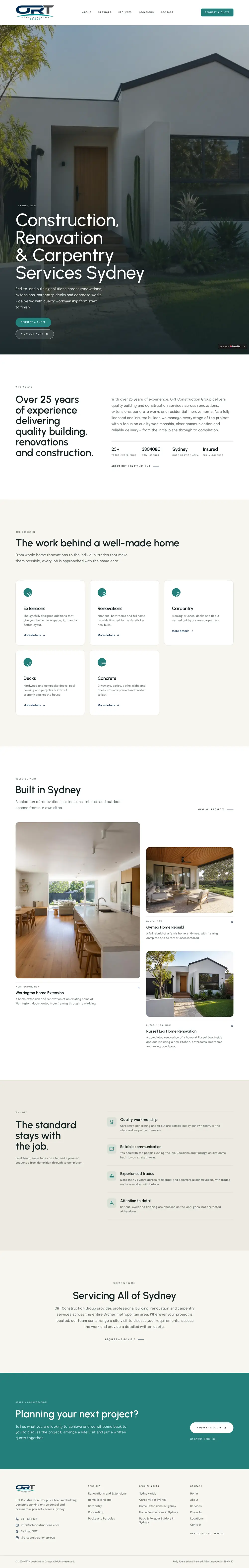Full homepage of the ORT Constructions website