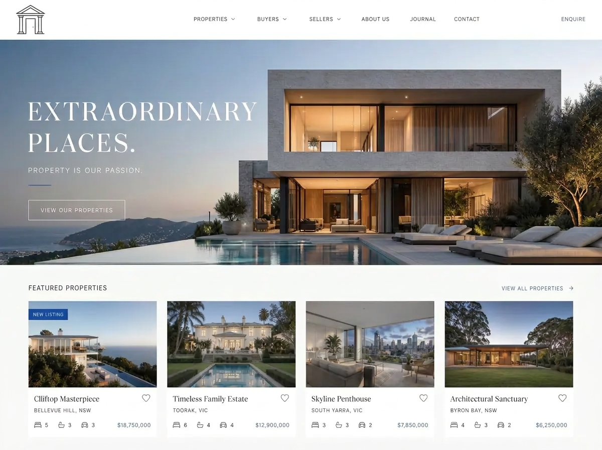 Property website design example with an anonymous symbol-only brand mark