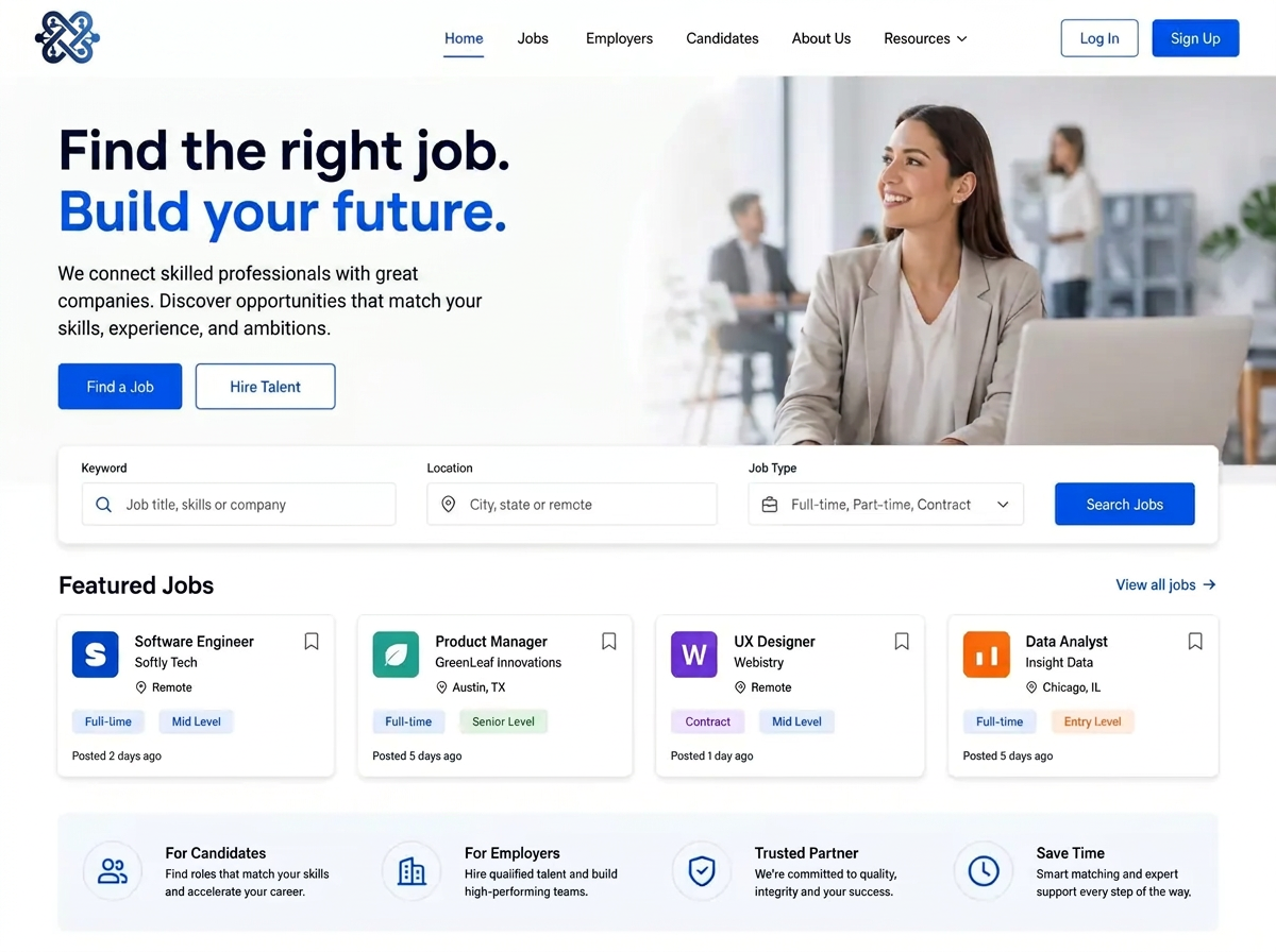Recruitment website design example with an anonymous symbol-only brand mark