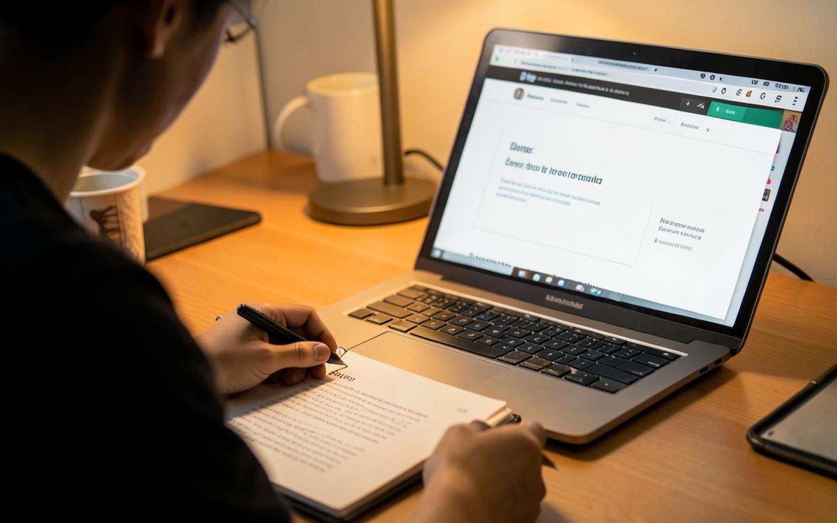 Small business owner drafting website content in a notebook beside a laptop