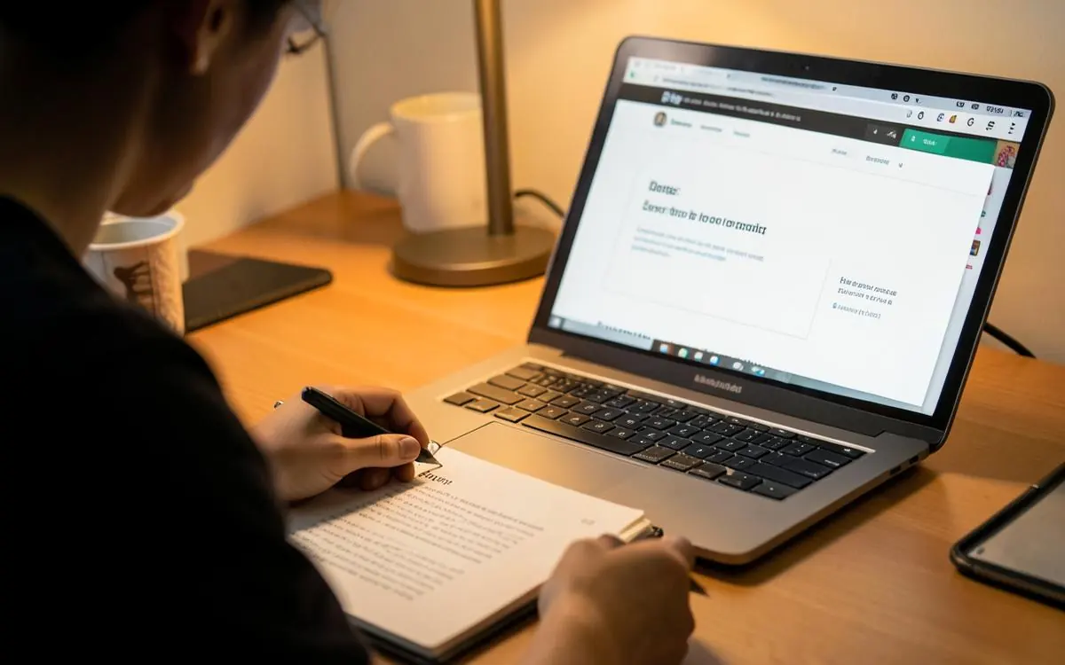 Small business owner drafting website content in a notebook beside a laptop